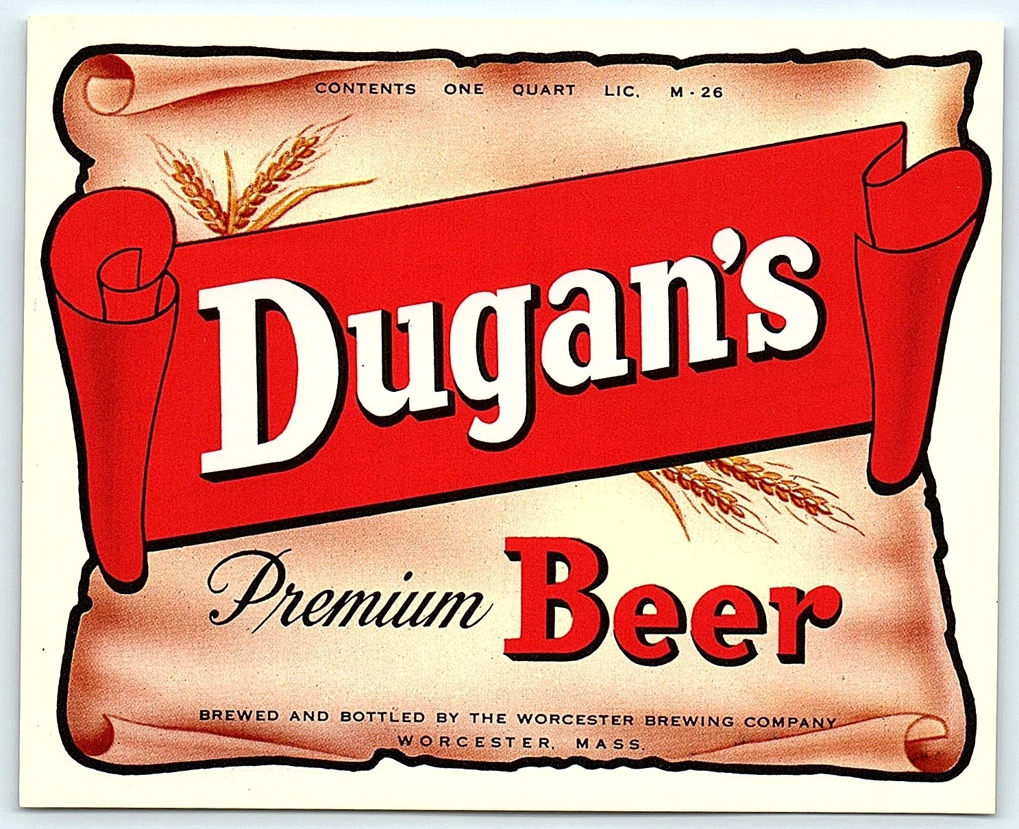 Vintage Dugan\'s Premium Beer One Quart Label, Worcester, Mas Vintage Dugan\'s Premium Beer One Quart Label, Worcester, Mas