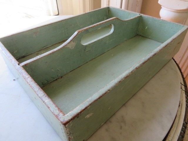 Old Vintage Wooden TOTE BOX with Handle Dove Tail Original Time Worn Aqua Paint