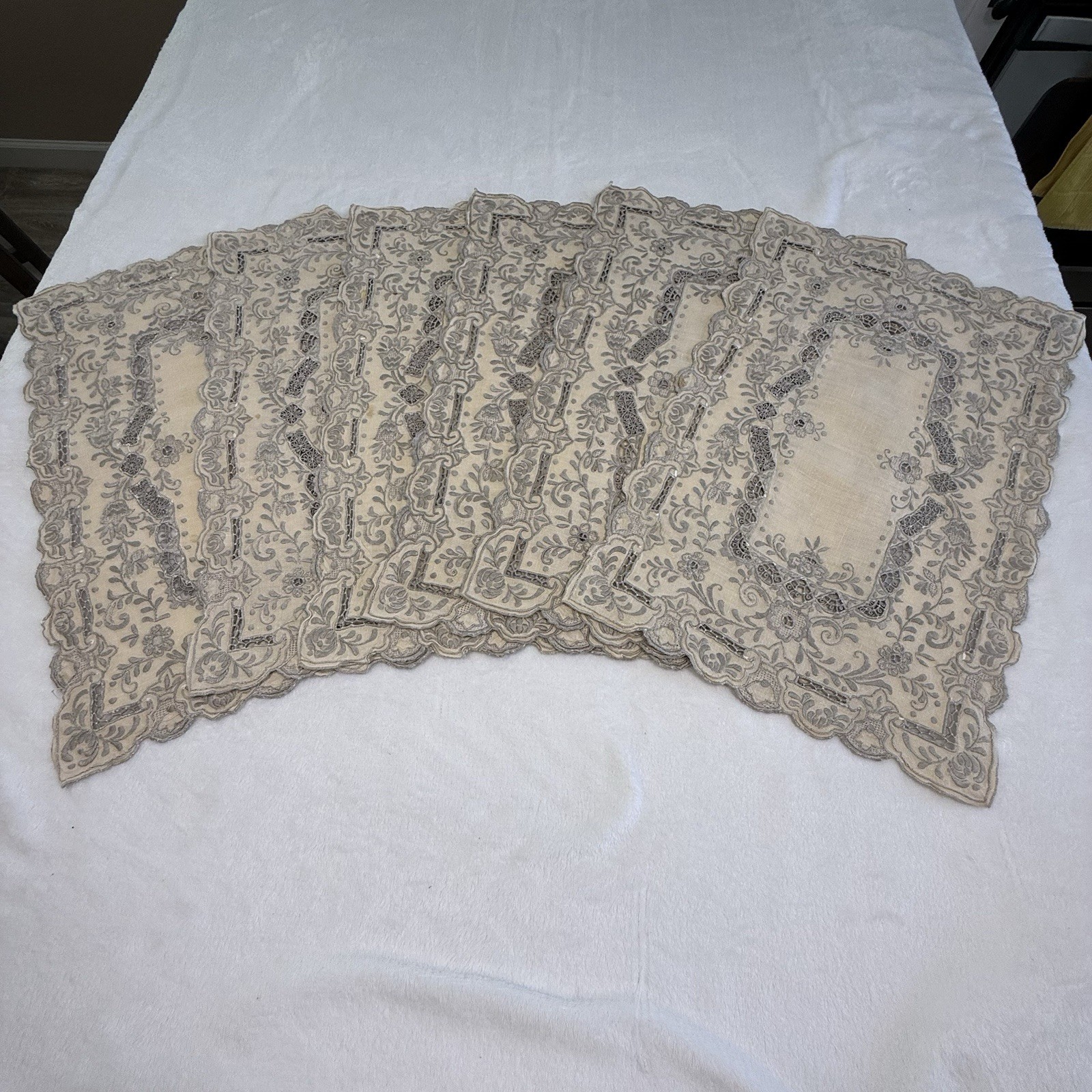 Vintage 1970s European Linen Placemats Set 6 Embroidered Cutwork Floral 17”