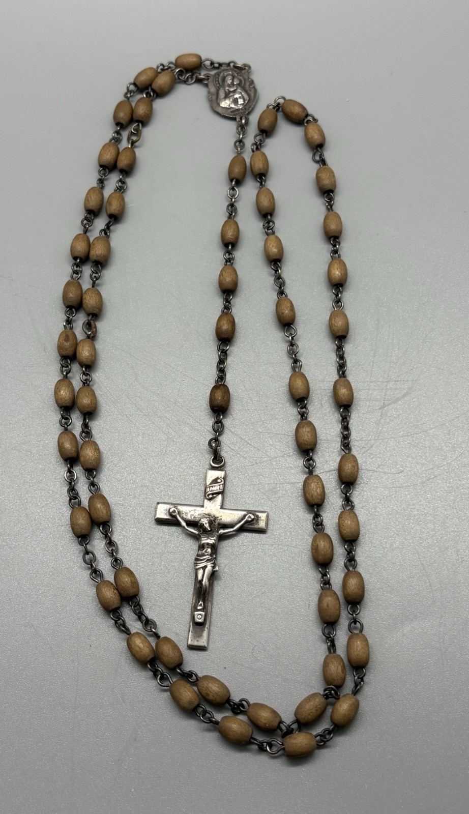 Vintage Creed Sterling Crucifix Wood Beads Mother Mary 32” Vintage Creed Sterling Crucifix Wood Beads Mother Mary 32”