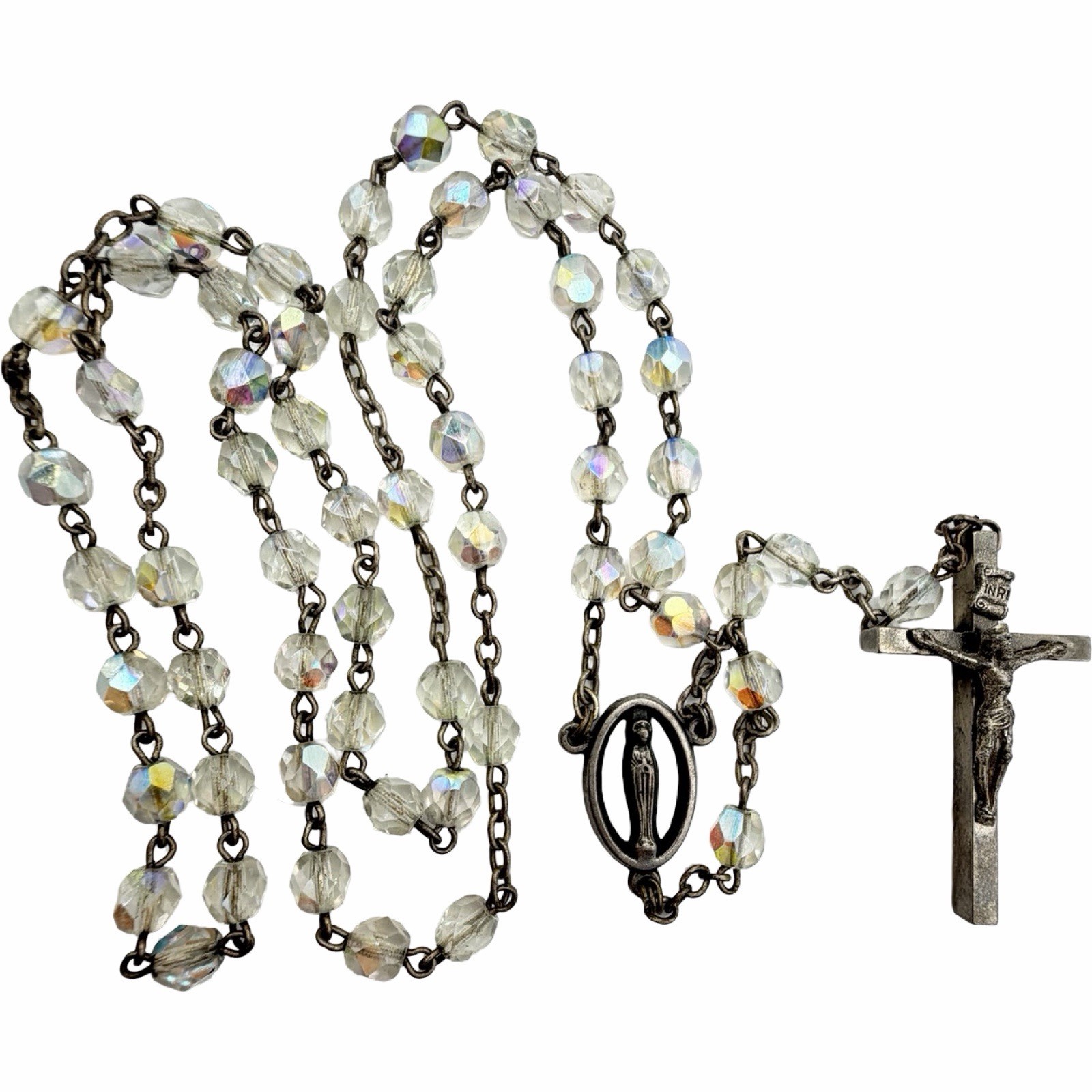 Vintage AB Aurora Borealis Glass Bead Rosary Virgin Mary Crucifix Catholic MCM