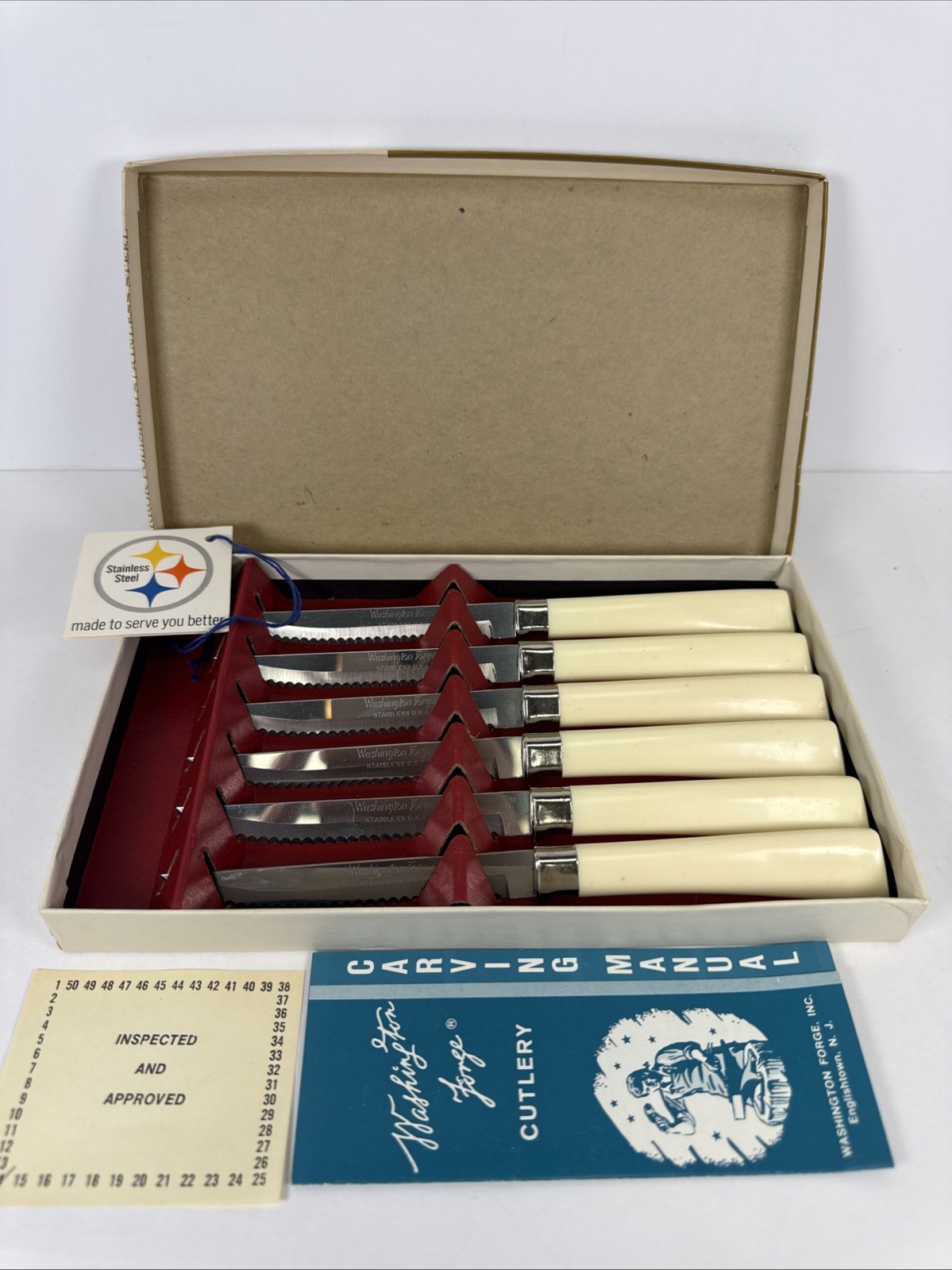 Vtg Set Of 6 Forgecraft Serrated Steak Knives Stainless Steel Ivory Handle USA Vtg Set Of 6 Forgecraft Serrated Steak Knives Stainless Steel Ivory Handle USA