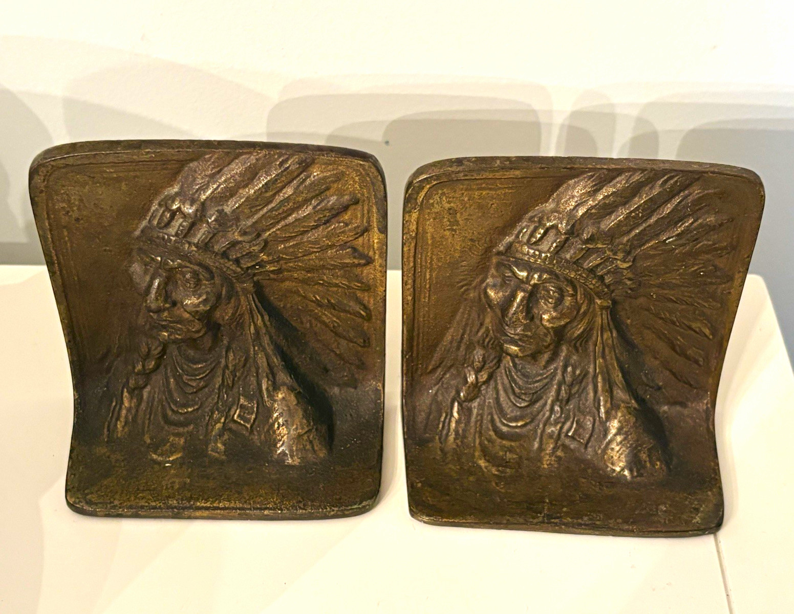 Antique Bronze Cast Iron Native American Chief Bookends Pair, Carved Western