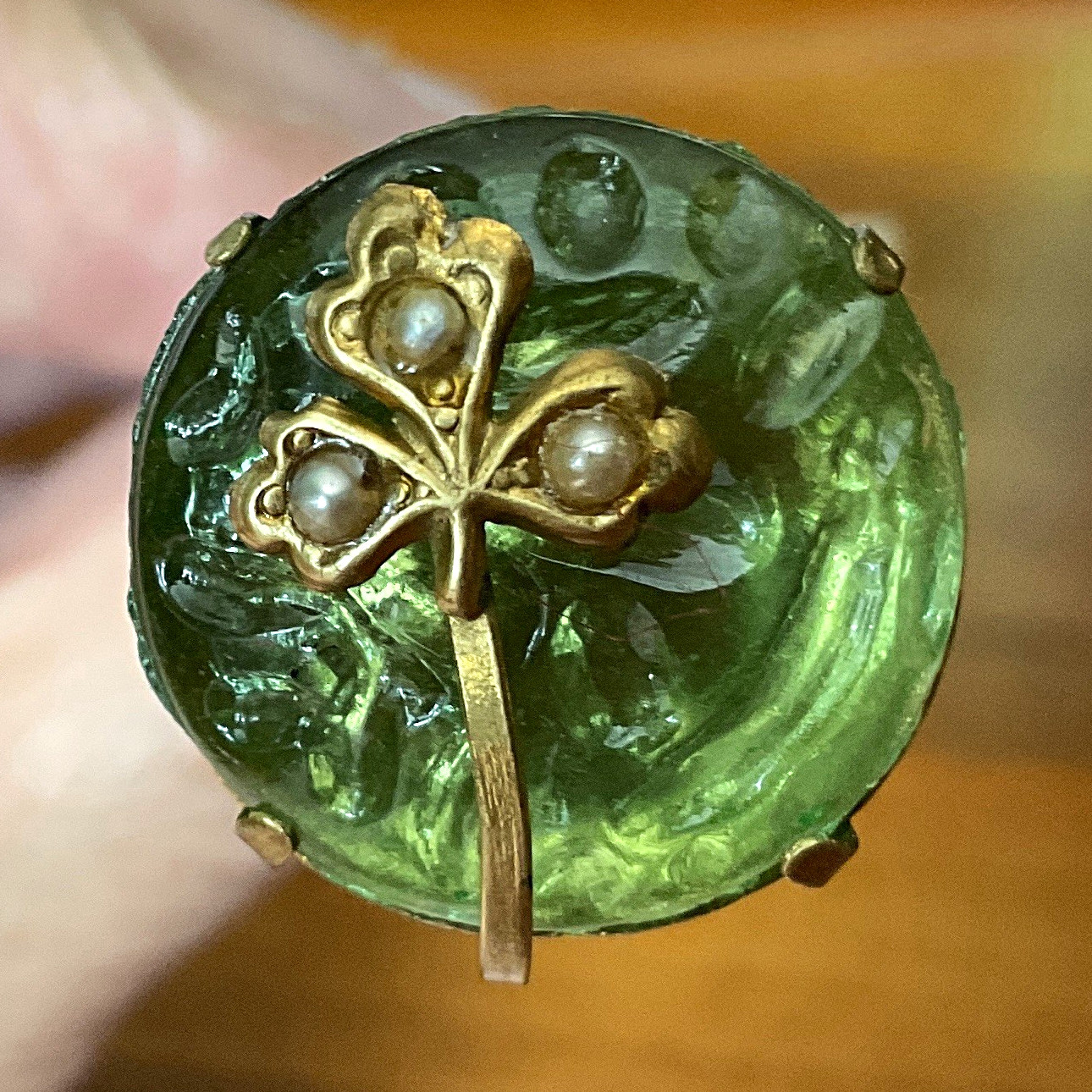 Antique Hat Pin Green Molded Glass Cabochon Three Leaf Clover Faux Pearls 