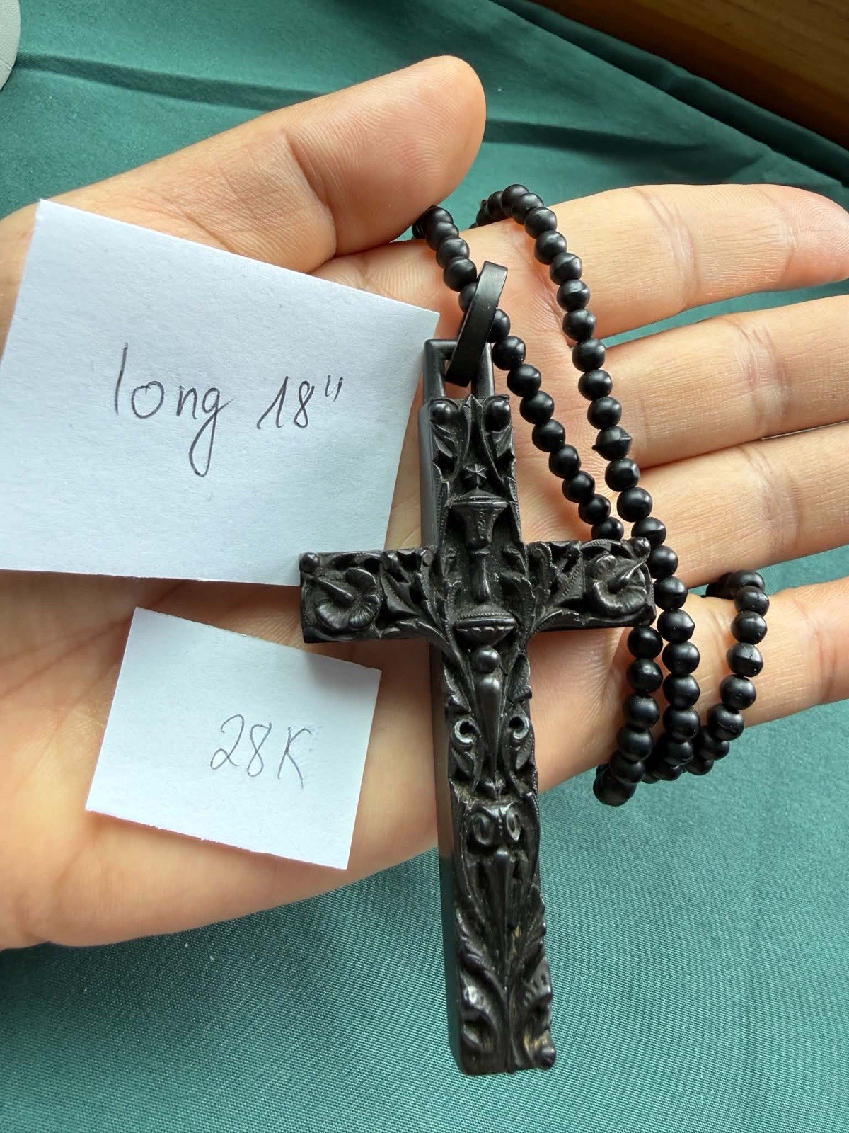 Hand Carved Jet Black Glass Catholic Prayer Rosary Cross Pendant Necklace 18”