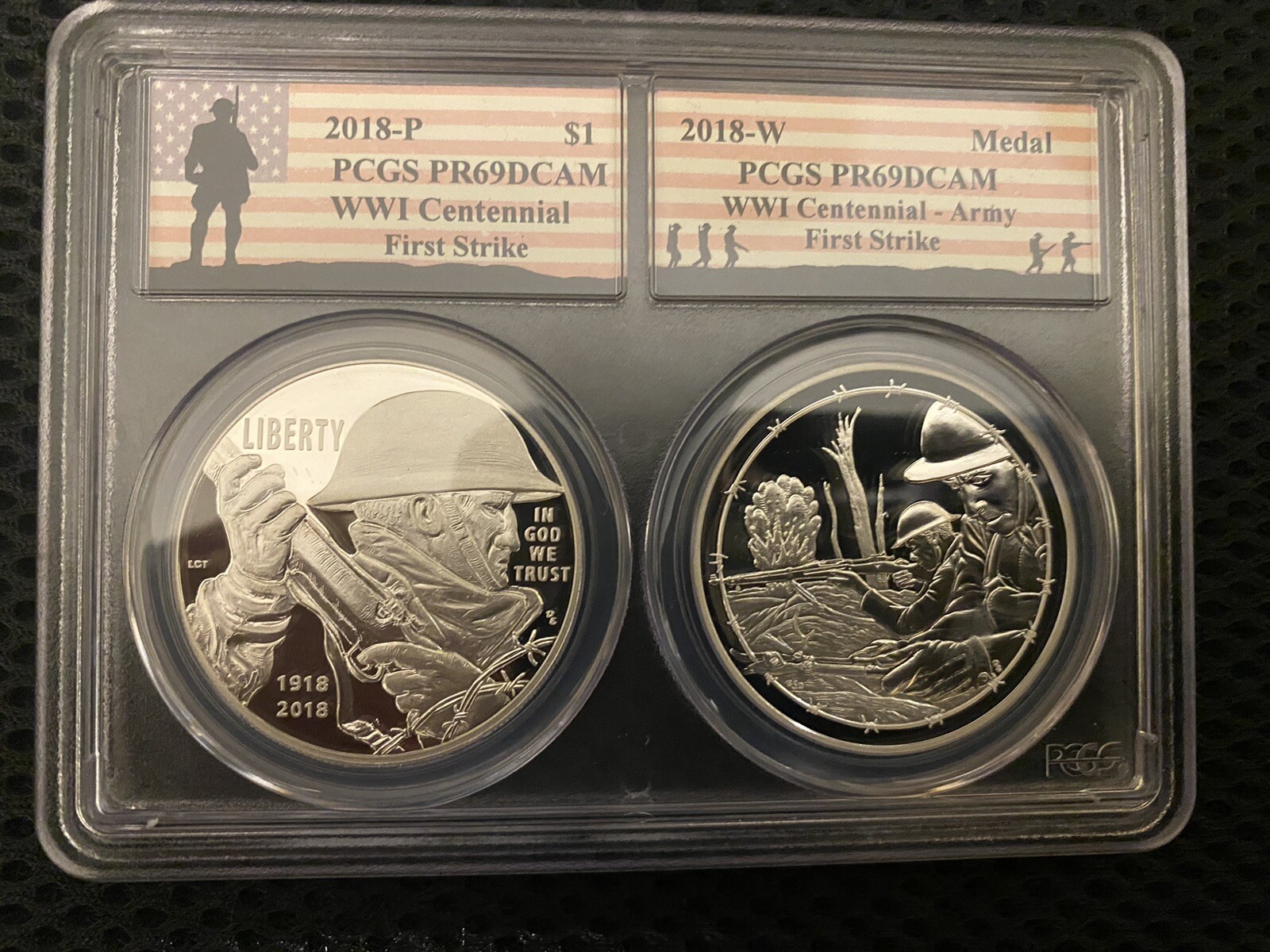 2018 WW 1 CENTENNIAL FS PCGS PR69DCAM AND Army MEDAL PR69DCAM Dual Slab 2018 WW 1 CENTENNIAL FS PCGS PR69DCAM AND Army MEDAL PR69DCAM Dual Slab