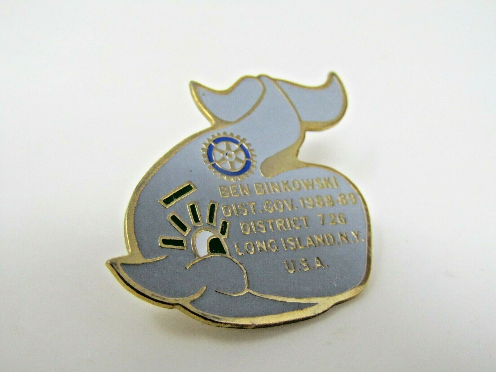 Vintage 1988-89 Rotary Pin Ben Binkowski Dist Gov Long Island NY Whale Badge