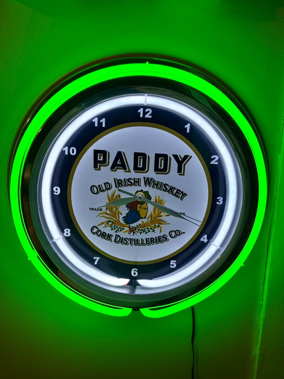 Paddy Irish Whiskey Bar Man Cave Green Neon Style LED Clock Advertising Sign Paddy Irish Whiskey Bar Man Cave Green Neon Style LED Clock Advertising Sign