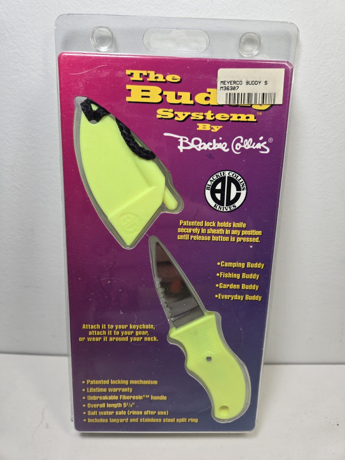 Vintage Blackie Collins The Buddy System Neck Knife Nos Made in US Neon Yellow