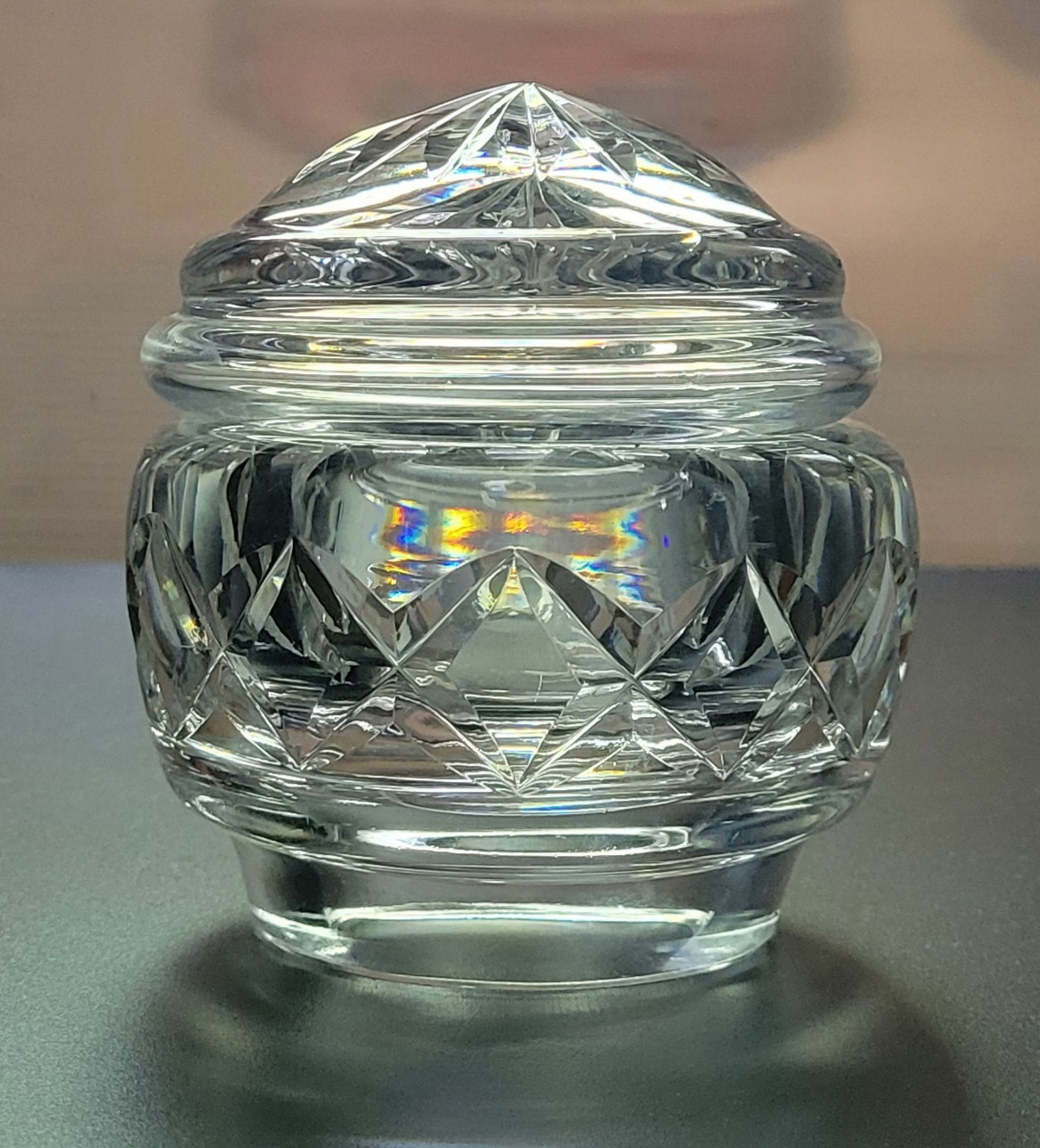 Rare Vtg Waterford Crystal Cut Glass Vanity Powder Jar & Dome Lid Cover, Ireland