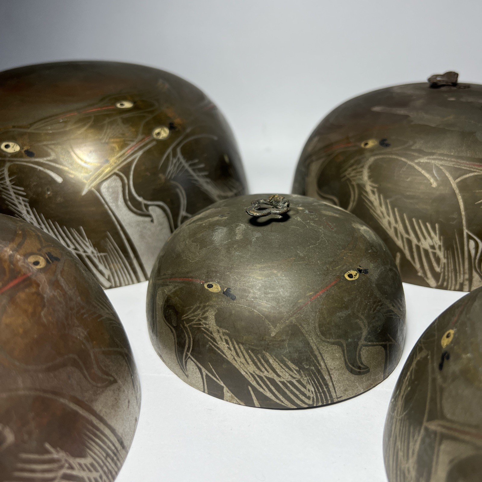 Graduated 5-Piece Set of Antique Hand-Chased Asian Crane Cascading Bells/Gongs