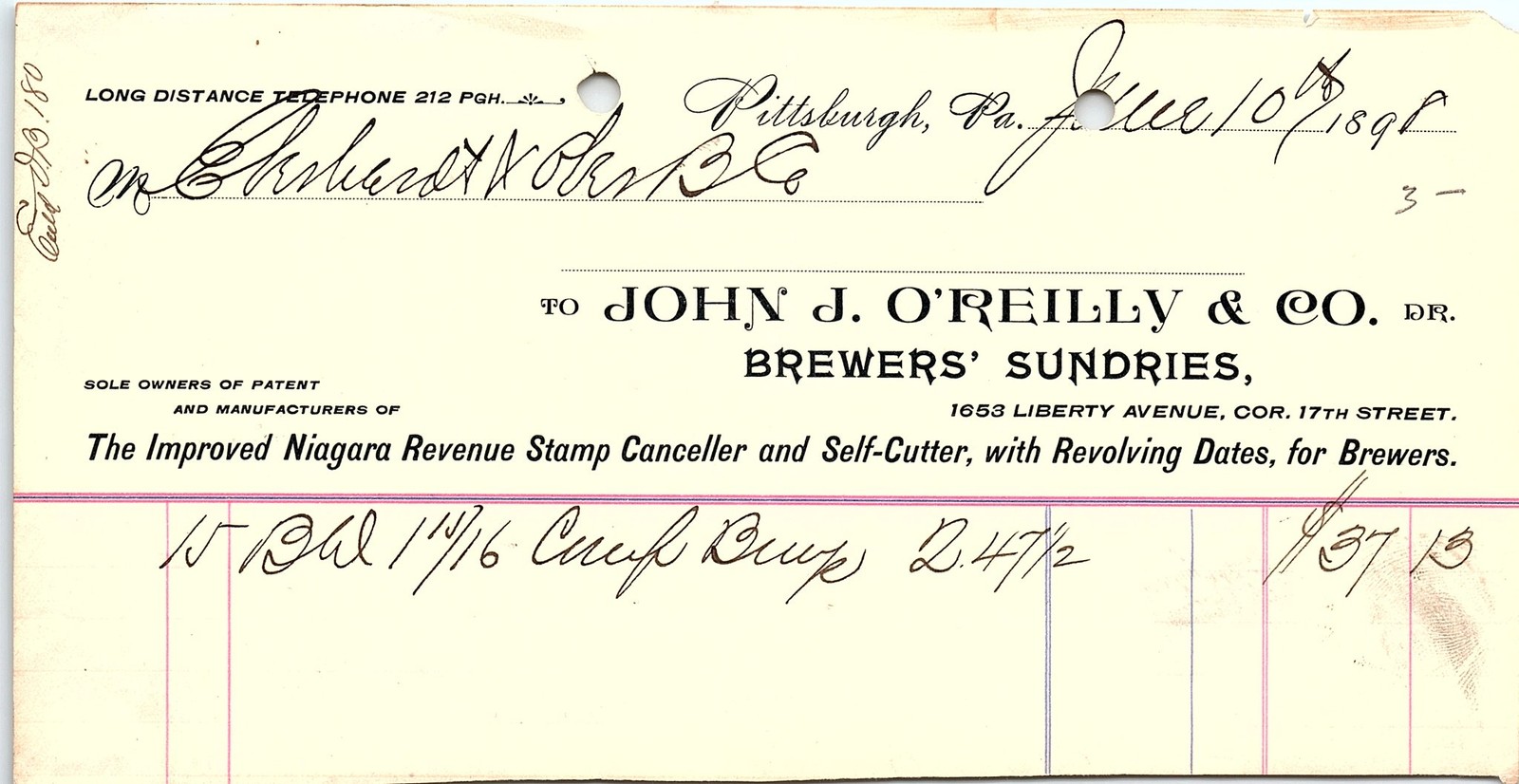 1898 John J. O\'Reilly & Co. Brewers\' Sundries Billhead