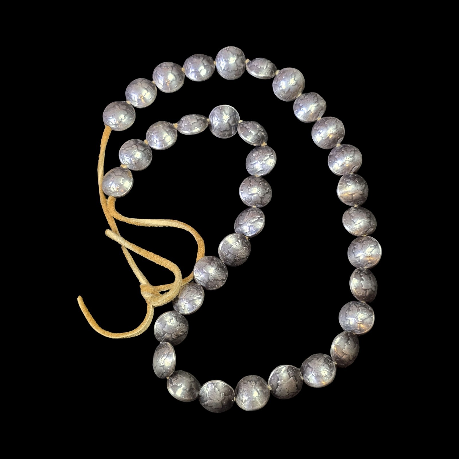 UNIQUE VINTAGE NAVAJO SILVER MERCURY DIME BEADED NECKLACE 30