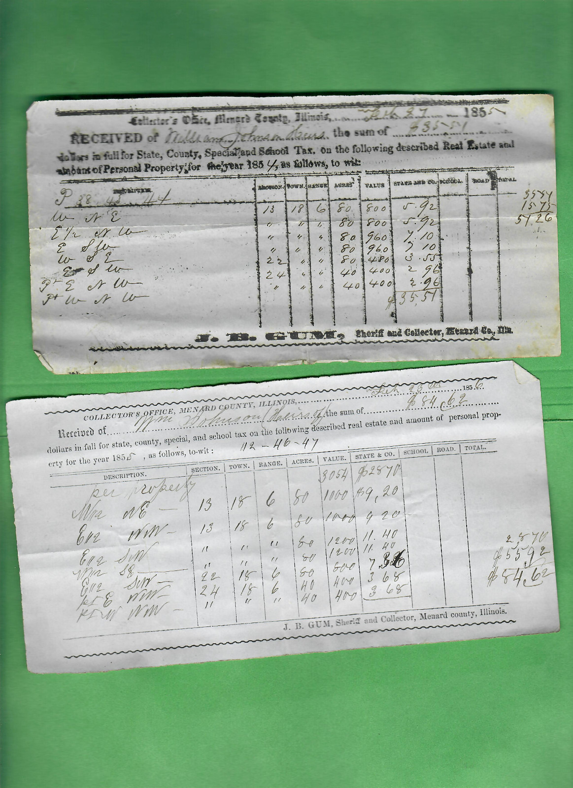1855 & 1856 PROPERTY TAX RECEIPTS - MENARD COUNTY, ILLINOIS 4 1855 & 1856 PROPERTY TAX RECEIPTS - MENARD COUNTY, ILLINOIS 4