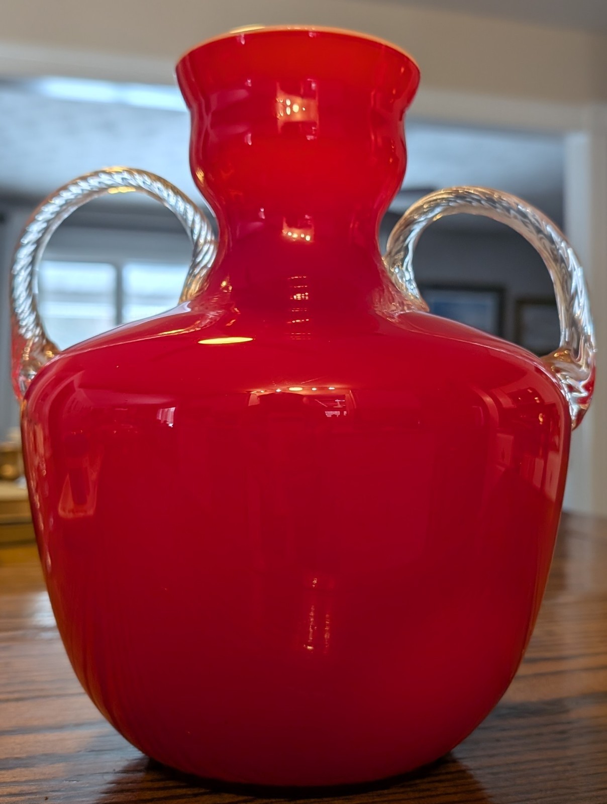 MCM Empoli Opalina Fiorentina Red Double Handled Vase Jug Italy vintage MCM Empoli Opalina Fiorentina Red Double Handled Vase Jug Italy vintage