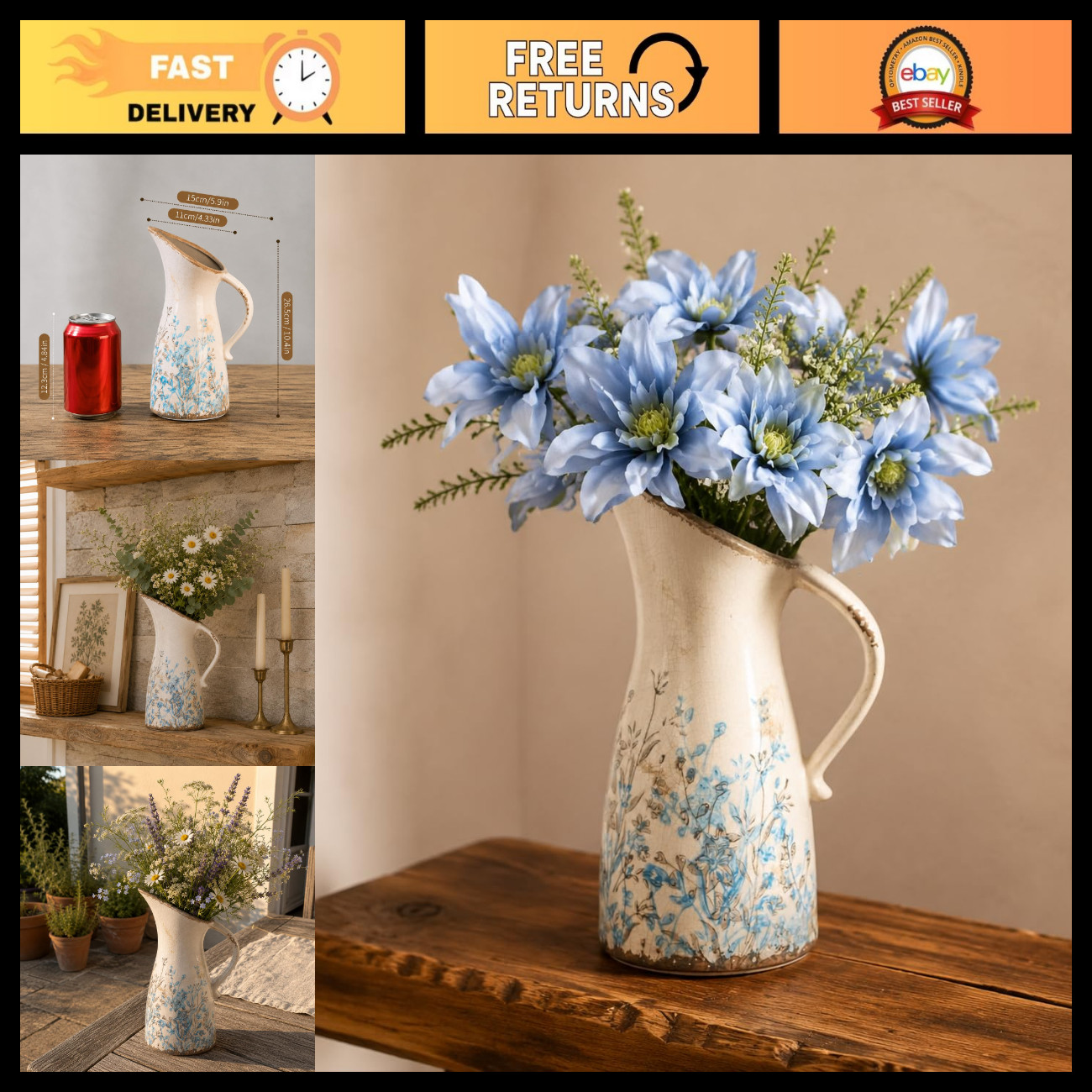 Vintage Ceramic Pitcher Vase 10.5” - Blue & Brown Floral Farmhouse Decor Centerp Vintage Ceramic Pitcher Vase 10.5” - Blue & Brown Floral Farmhouse Decor Centerp