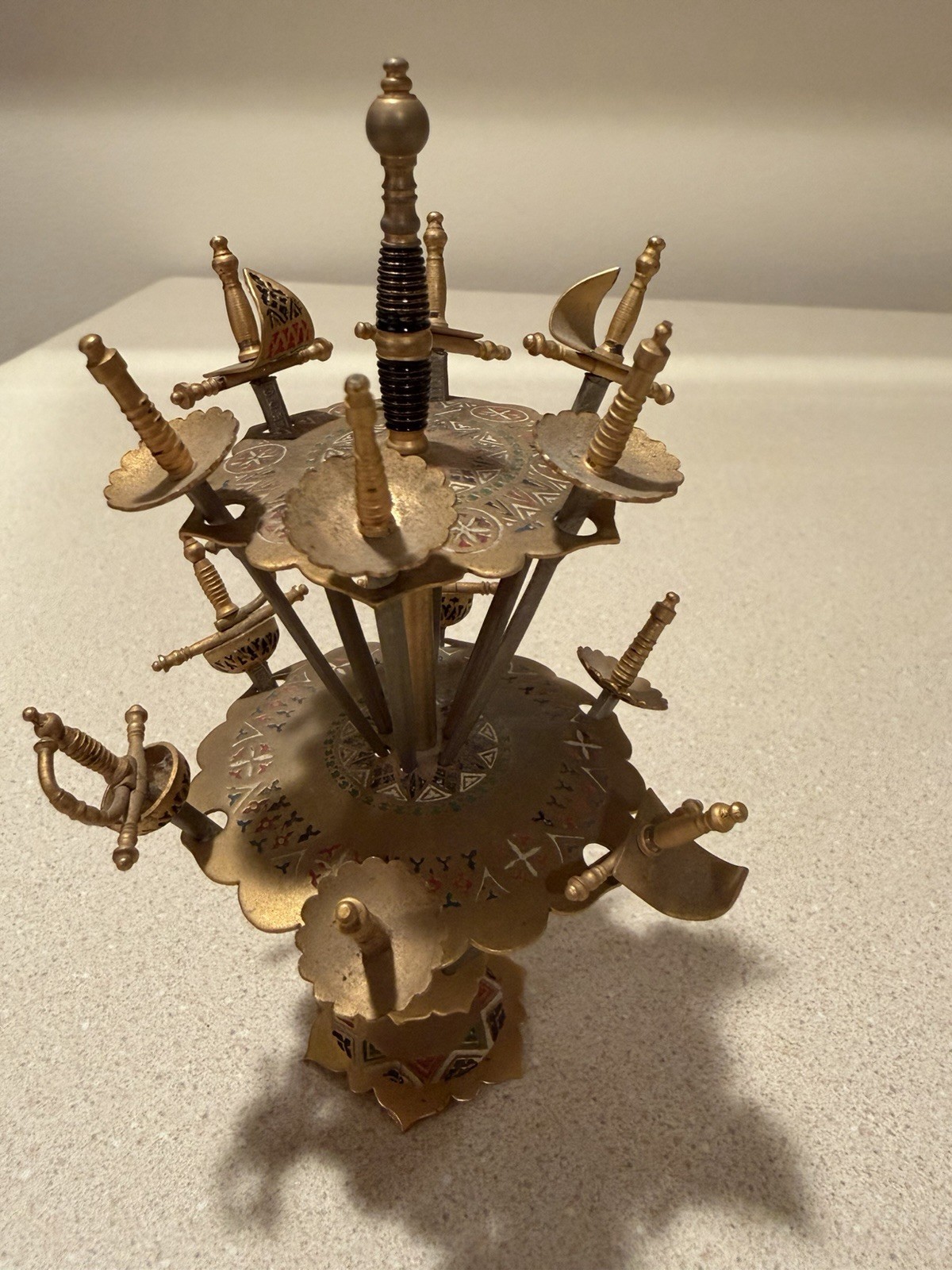 Vintage Toledo Spain 12 Sword Cocktail Pick Set Two Tier Stand Mid Century