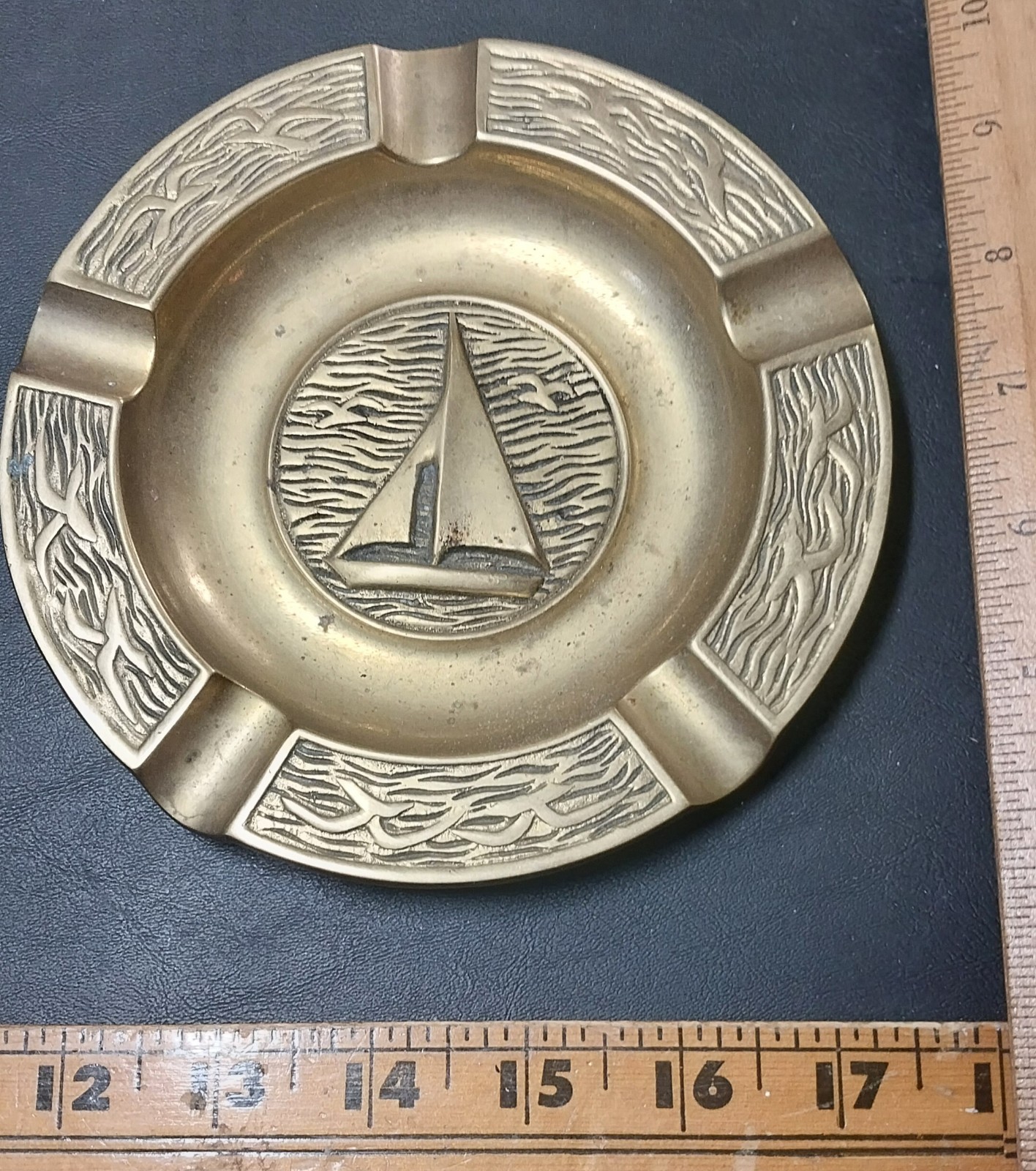 Antique Solid Brass Ashtray Bowl, Nautical Sailboat Design