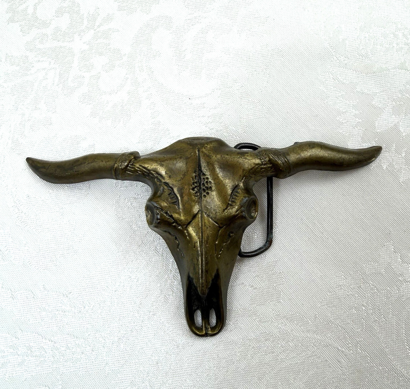 Vtg Solid Brass Longhorn Bull Skull Large Belt Buckle Western Rodeo