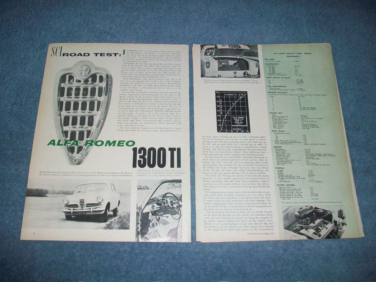 1958 Alfa Romeo Giulietta 1300TI Berlina Vintage Road Test Info Article 