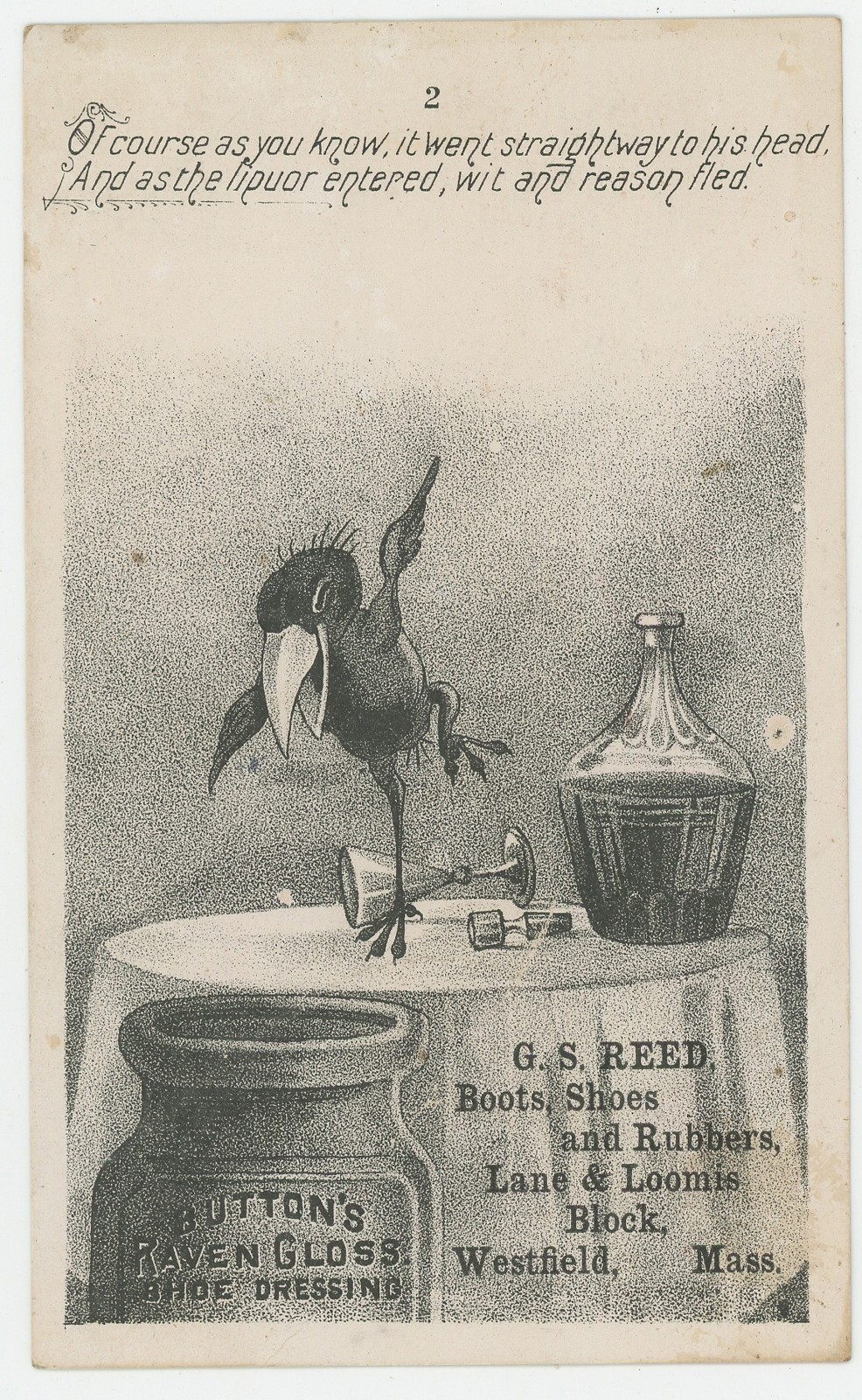 Buttons Raven Gloss Drunk Crow G S Reed Westfield Ma 1880\'s Trade Card Buttons Raven Gloss Drunk Crow G S Reed Westfield Ma 1880\'s Trade Card