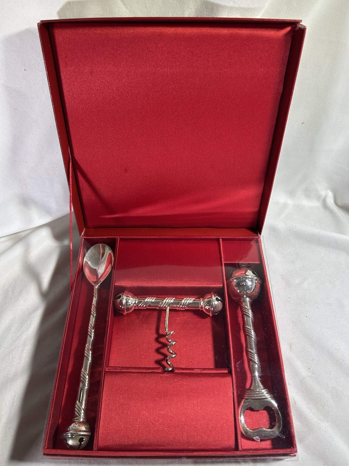 VTG Neiman Marcus Jingle Bells Corkscrew Bottle Opener Cocktail Spoon Bar Set