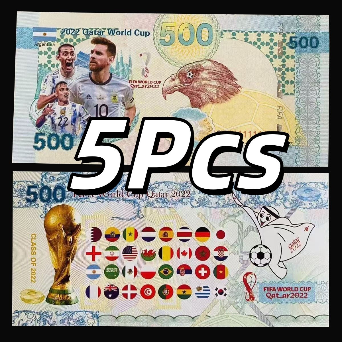 5Pcs, Qatar 2022 Football Games, Messi Commemorative Banknote, Fantasy Note UNC