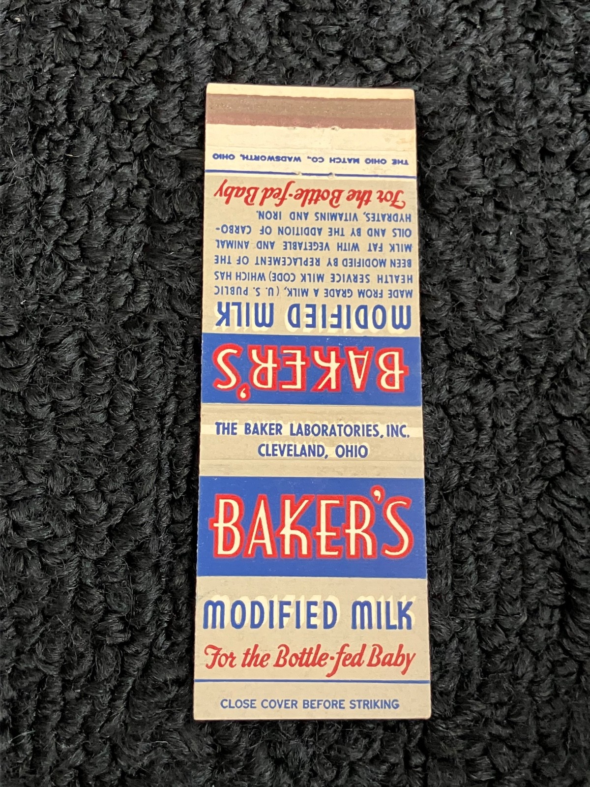 Vintage Ohio Matchbook “Baker’s Modified Milk” Cleveland