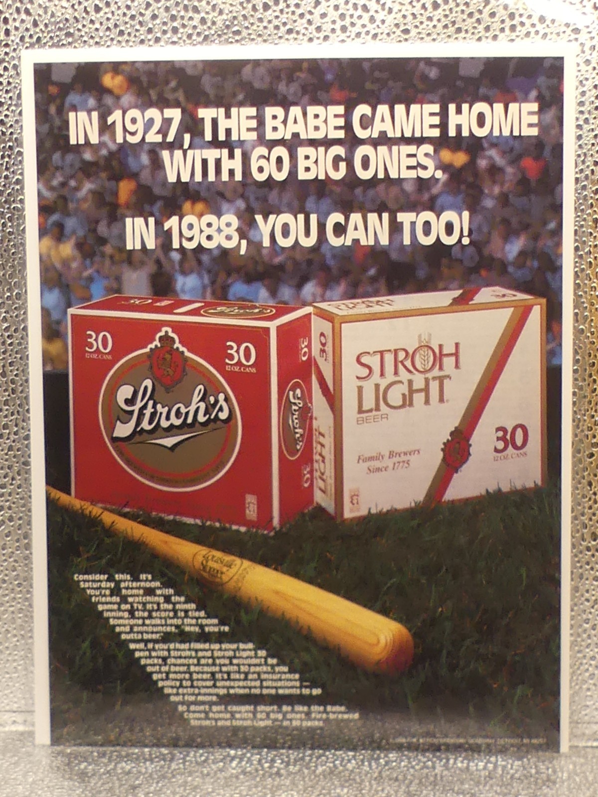 VTG Stroh\'s Light Beer Alcohol Baseball Bat 1988 Print Advertising Full Page Ad