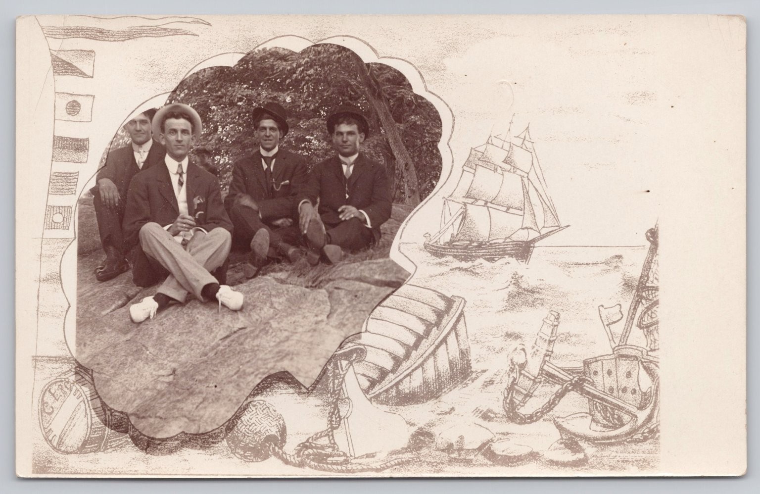 Vintage Real Photo Postcard of Four Men with Nautical Illustration