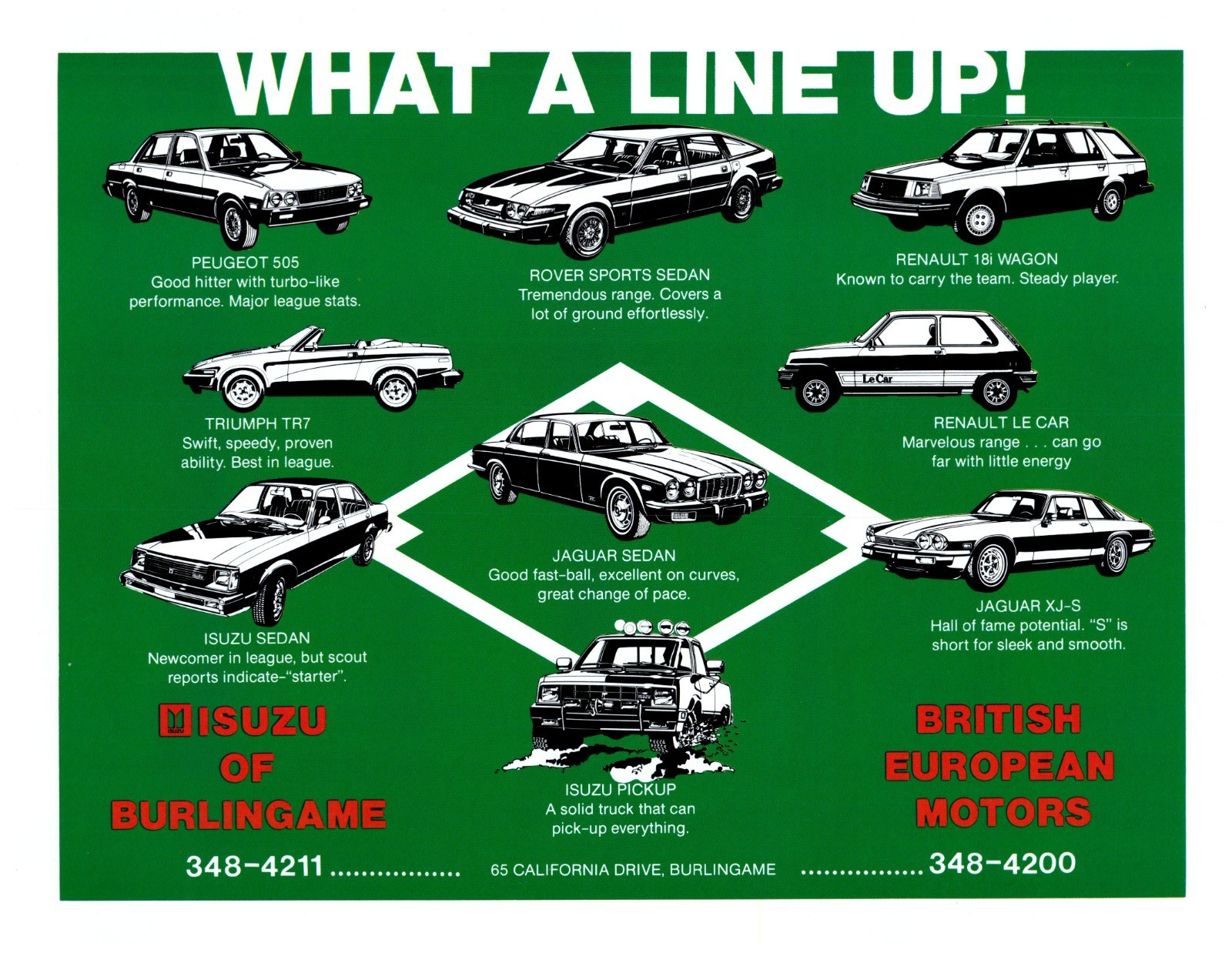PRINT AD 1981 Isuzu of Burlingame What A Line Up 80\'s Dealership Jaguar XJ-S