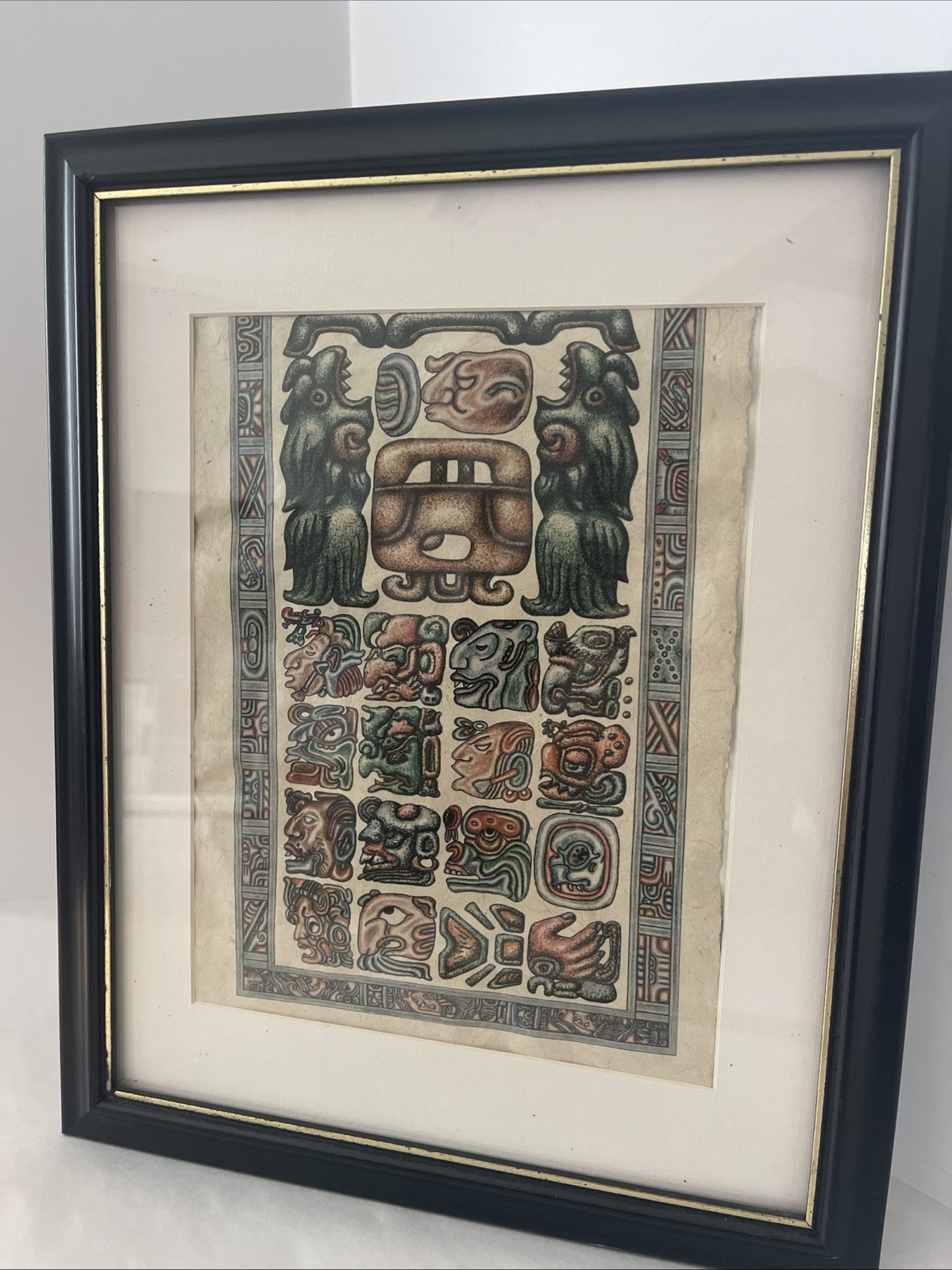 Mayan Calendar Hand-Painted Original Vintage Mexico Framed 16x12.25”