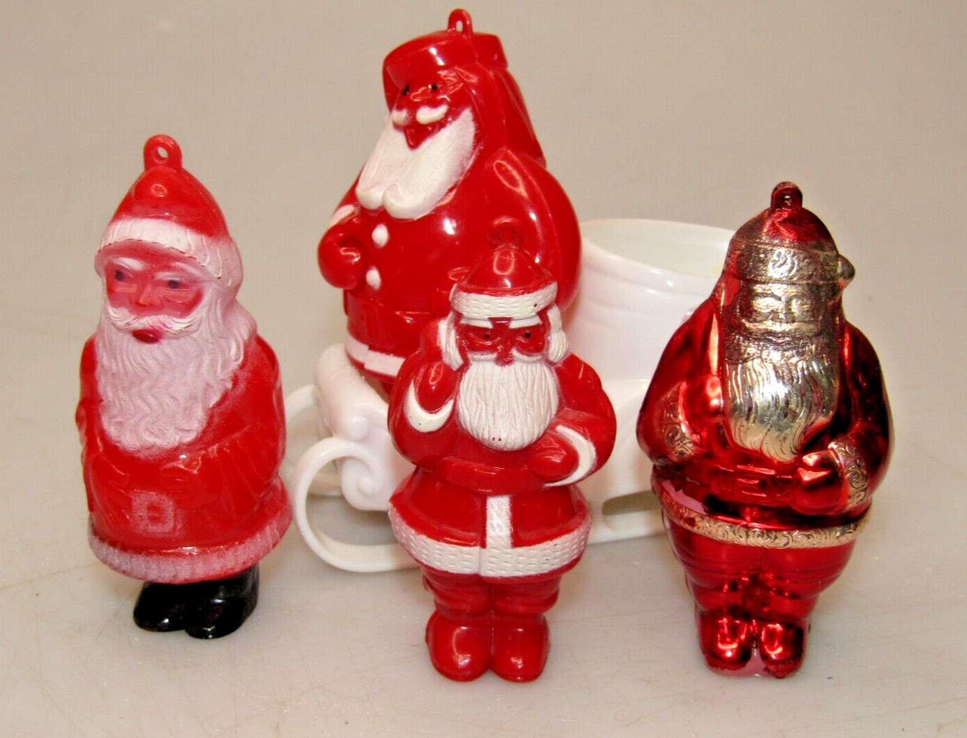 Lot Vintage Hard Plastic Red Santa with Sack Bag Sled Christmas Ornaments USA