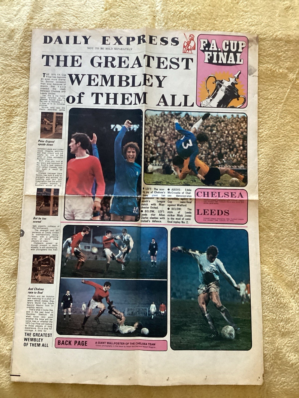 Chelsea V Leeds F A Cup Final Express 1970 Original Newspaper Overhead Kick