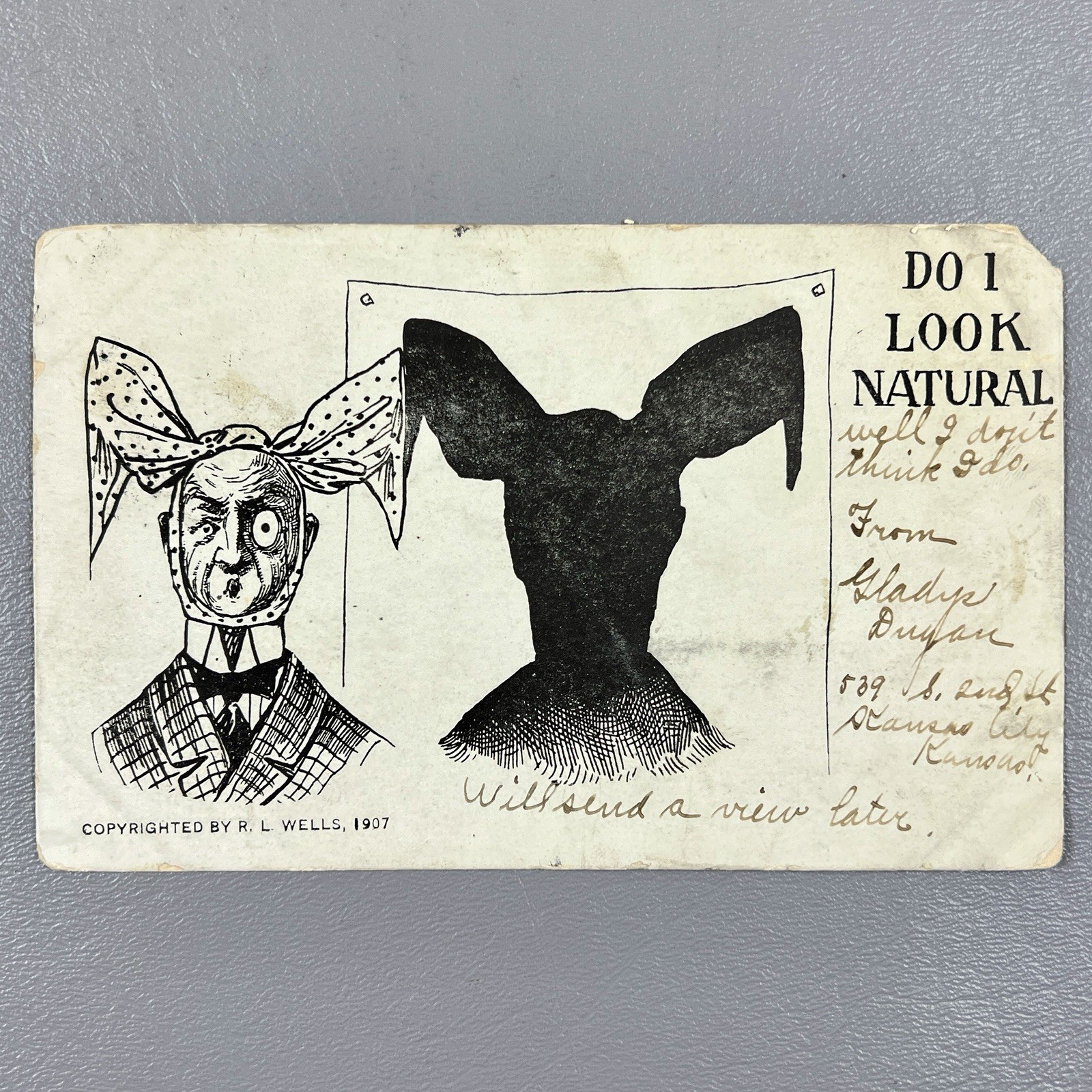 Antique Postcard Posted 1908 Stamp Do I Look Natural Cartoon Man Bow RL Wells Antique Postcard Posted 1908 Stamp Do I Look Natural Cartoon Man Bow RL Wells
