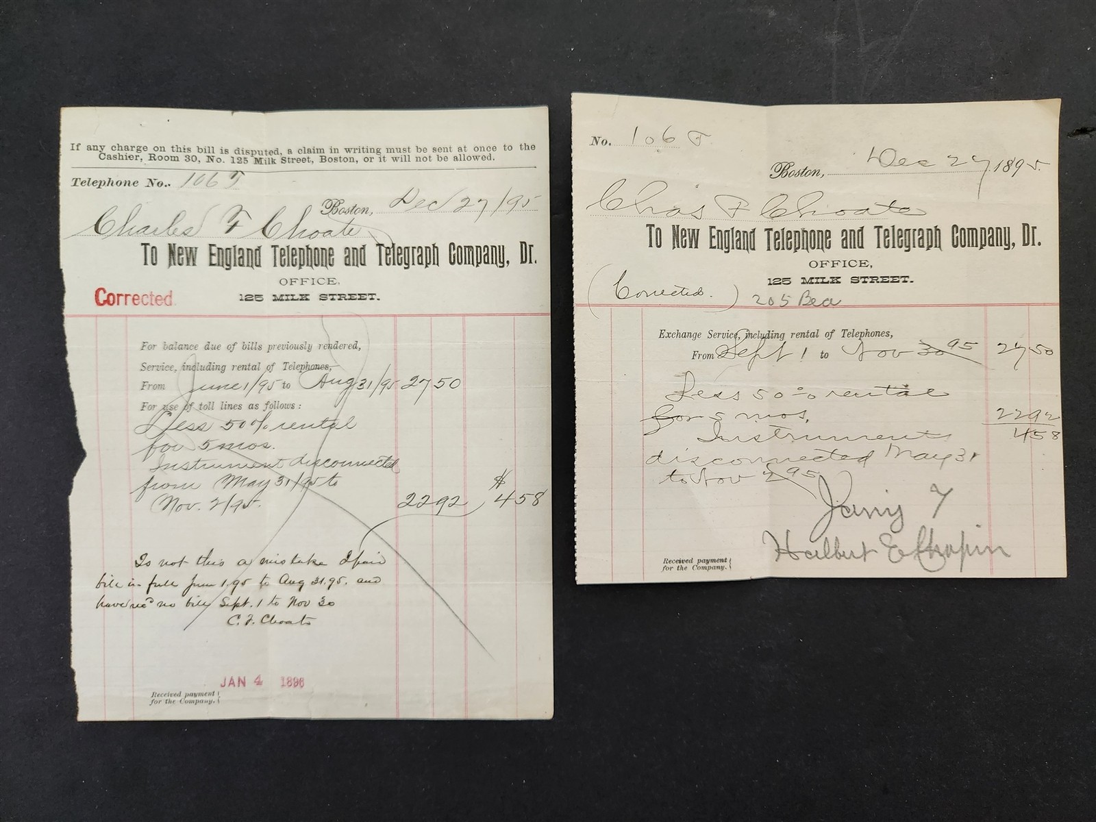 1895 antique NEW ENGLAND TELEPHONE and TELEGRAPH CO boston BILLHEAD lot of 2