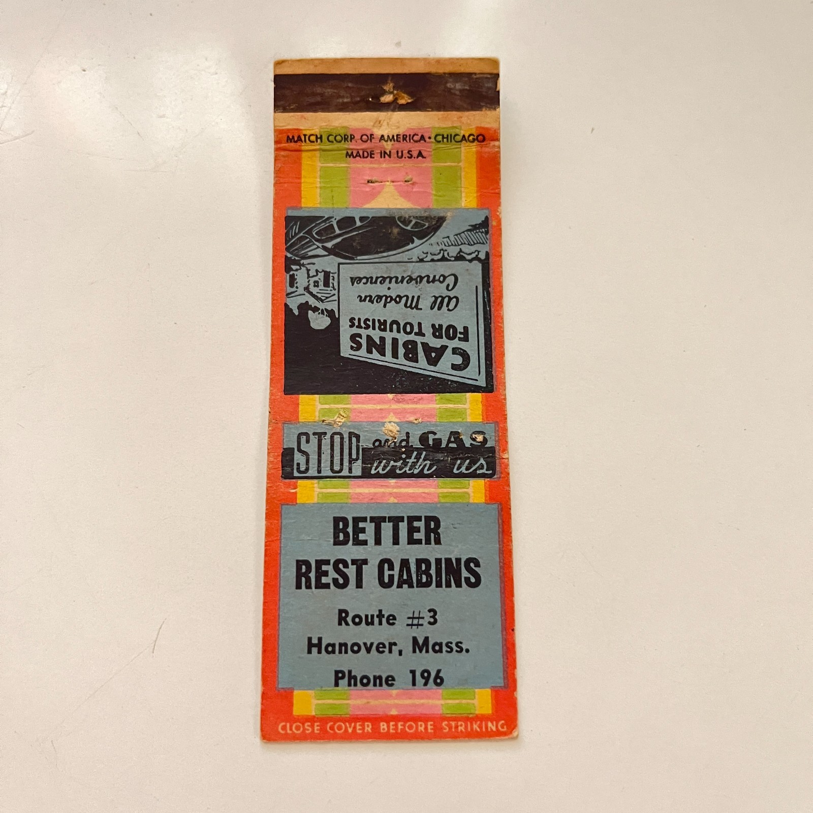Better Rest Cabins Rte 3 Stop & Gas Hanover MA Vintage Matchbook Cover TMB65-4