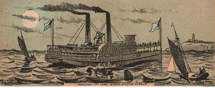 Antique Moonlight Off Long Island Boston Harbor Steamboat Trade Card