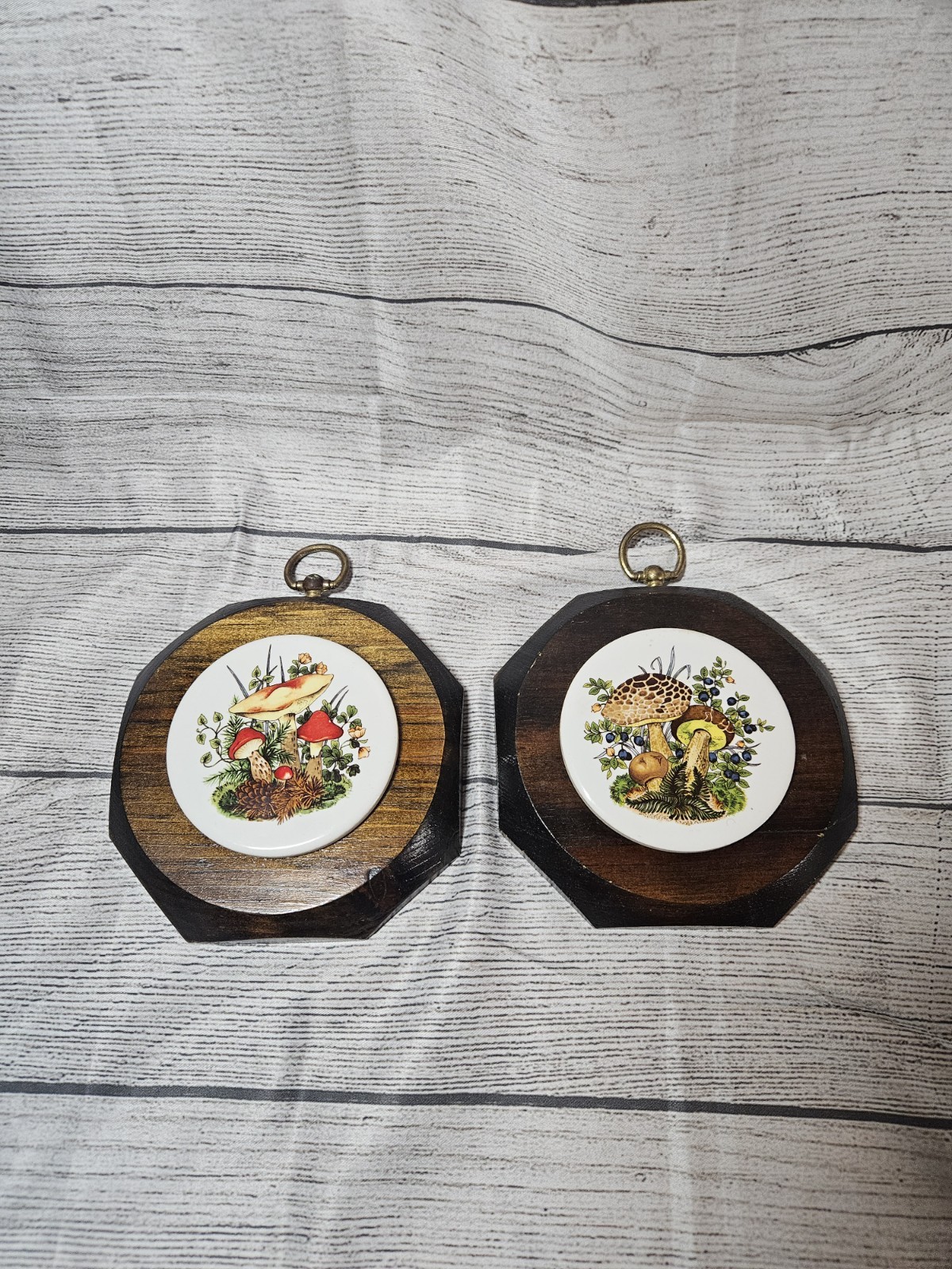 Vintage Mushroom Wooden Wall Hanging PAIR - 5.5