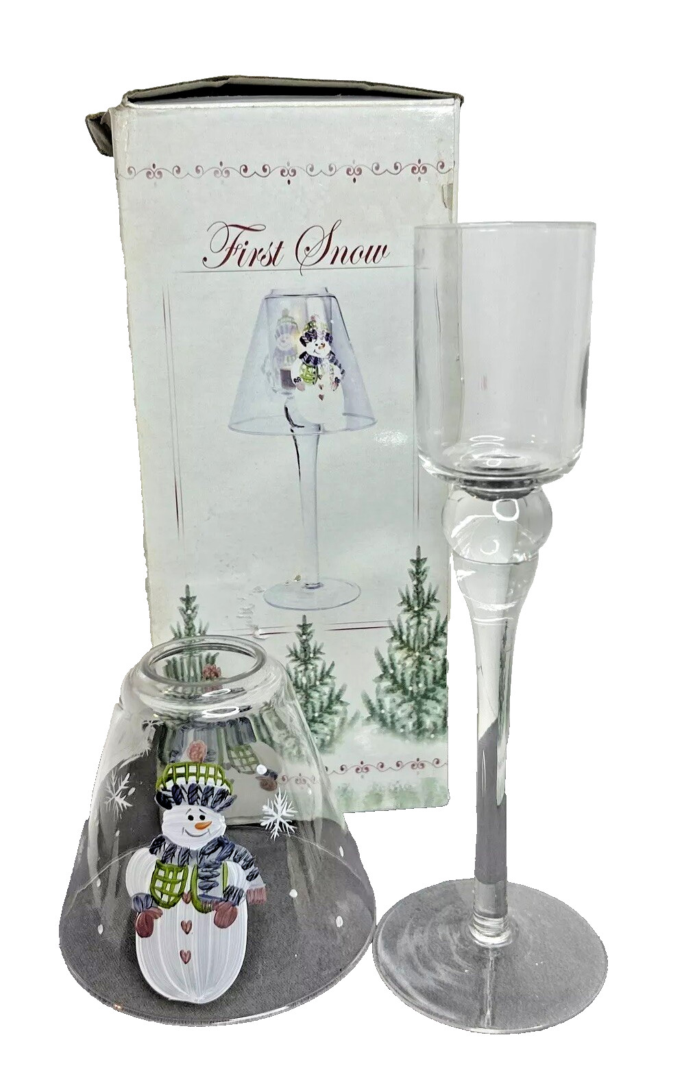 Vintage Hand Painted Snowman 2-Piece Clear Glass Candleholder Vintage Hand Painted Snowman 2-Piece Clear Glass Candleholder