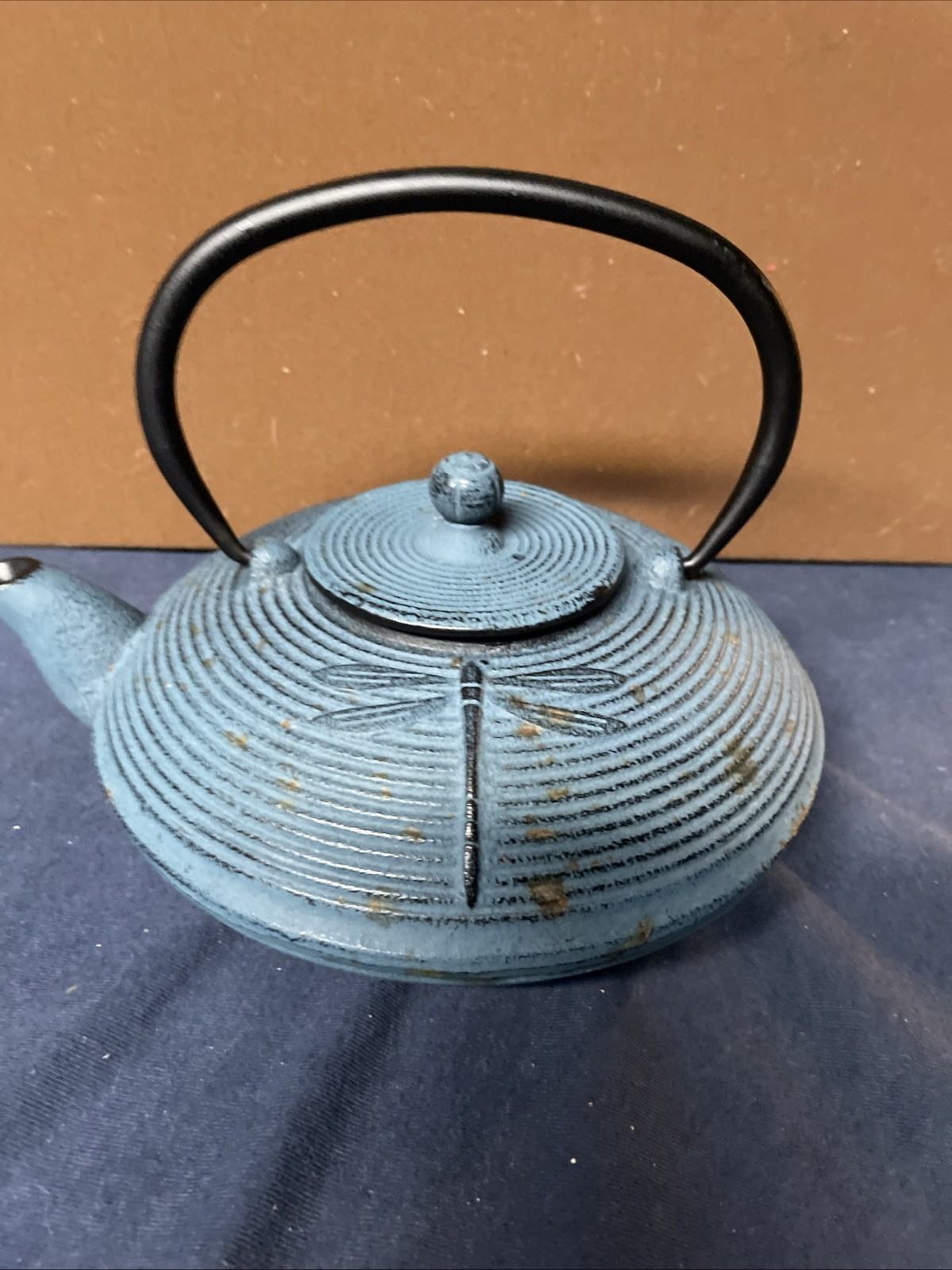 Japanese Tetsubin-style Teapot Dragonflies Cast Iron, Blue Iron Oxide Finish Japanese Tetsubin-style Teapot Dragonflies Cast Iron, Blue Iron Oxide Finish