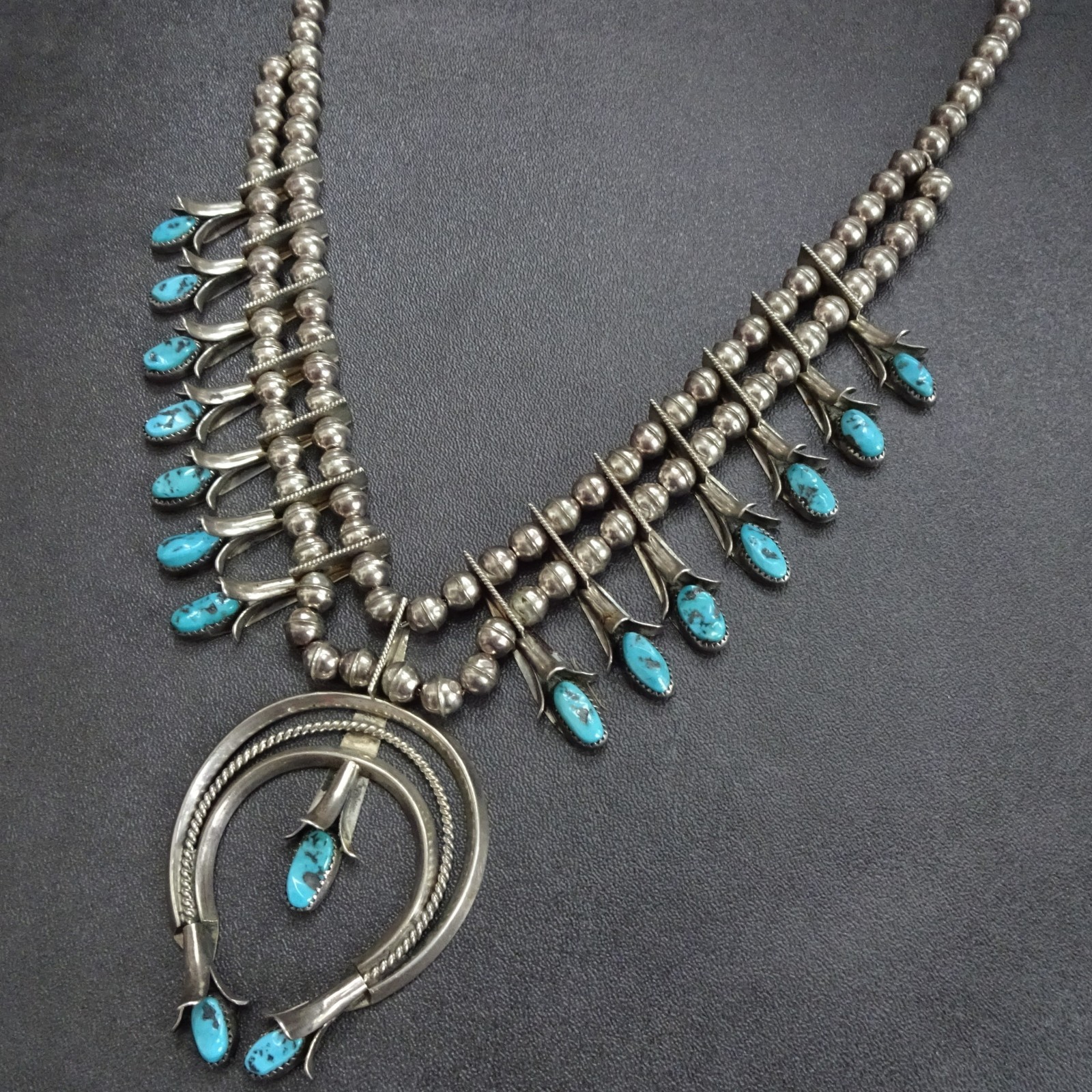 DORIS SMALLCANYON Navajo TURQUOISE Sterling Silver SQUASH BLOSSOM NECKLACE DORIS SMALLCANYON Navajo TURQUOISE Sterling Silver SQUASH BLOSSOM NECKLACE