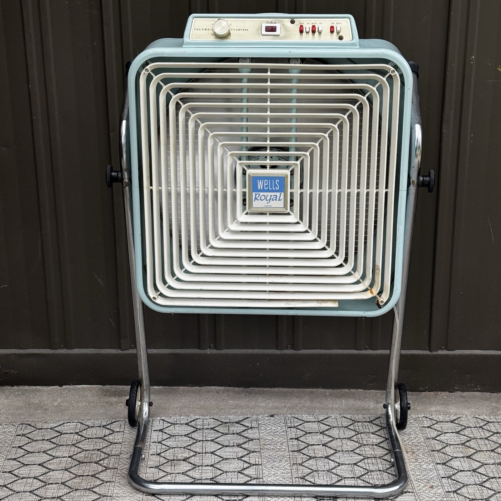 Vtg WELLS ROYAL Deluxe Thermo Control Box Fan Reversible MCM Turquoise W/ Stand” Vtg WELLS ROYAL Deluxe Thermo Control Box Fan Reversible MCM Turquoise W/ Stand”