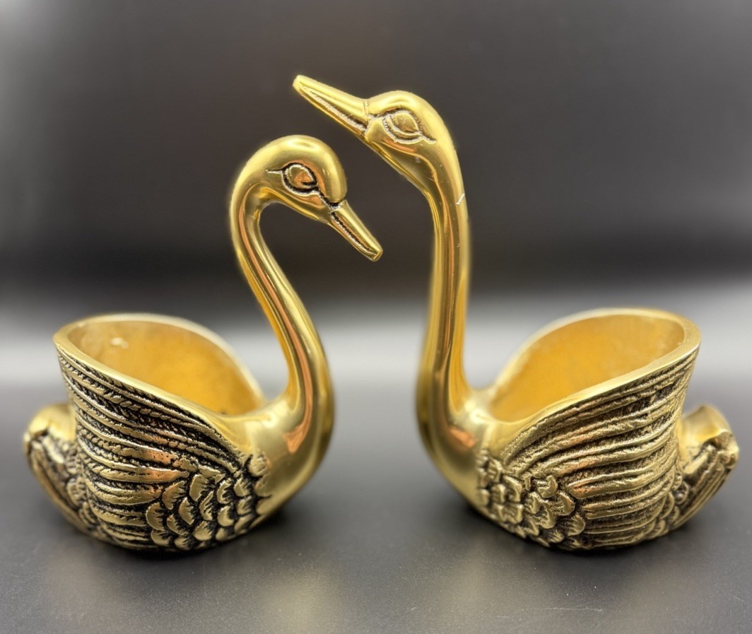Vintage Set of Two Solid Brass Gatco Swan Planters MCM Hollywood Regency Korea