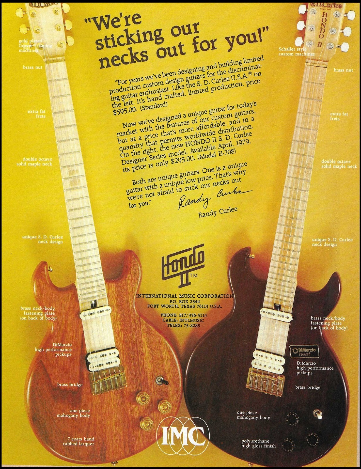 1978 Hondo II S. D. Curlee Designer Series electric guitar advertisement print