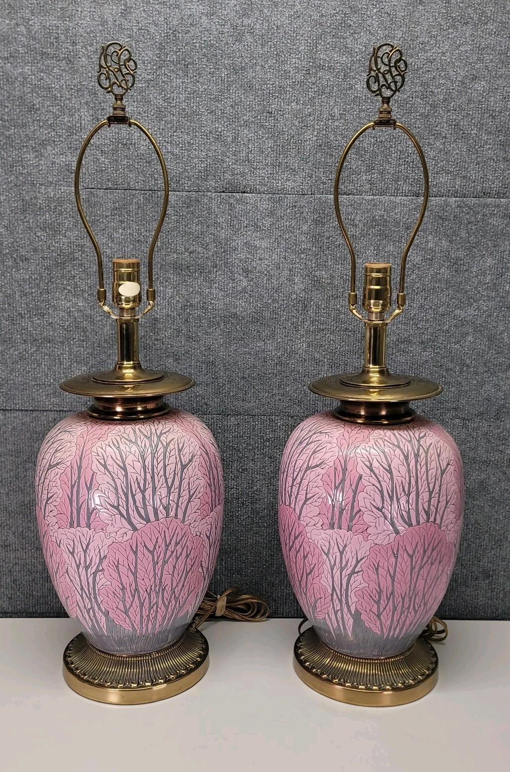 Pair MCM Rembrandt Pink Chinoiserie Tree Ceramic Lamps Hollywood Regency Vintage