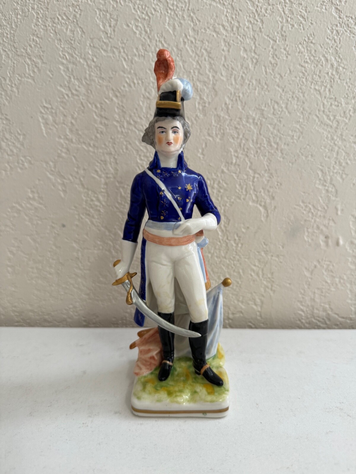 Vintage Antique German Dresden Porcelain Military Soldier w/ Sword Flag Figurine