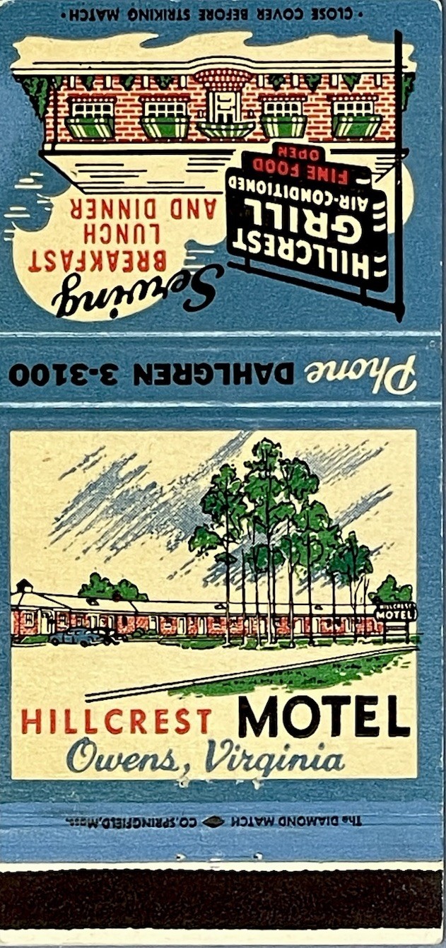Hillcrest Motel Owens Virginia Restaurant Grill Vintage Matchbook Cover MCM
