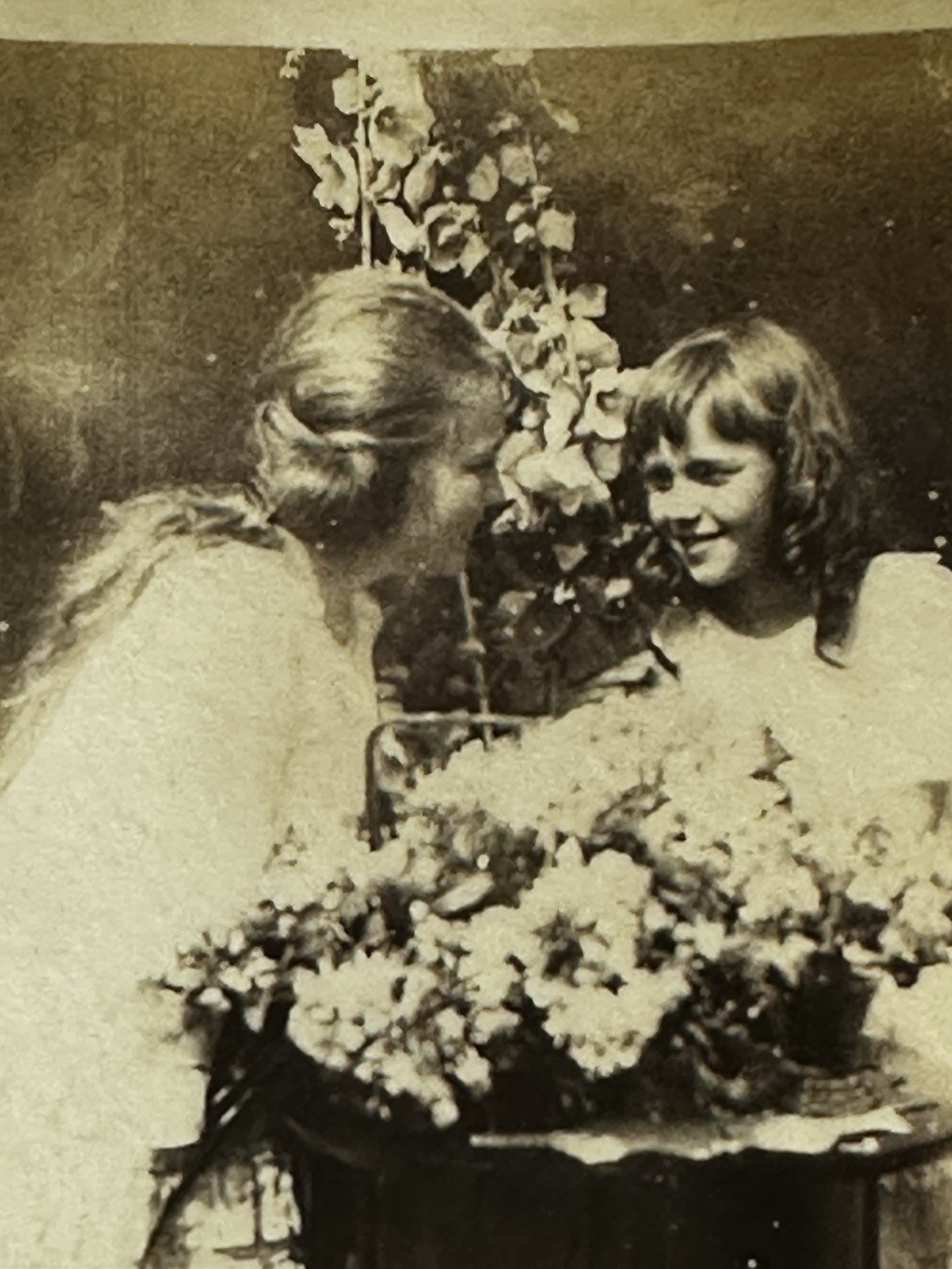 Antique Photo Two Girls Flowers Garden Scene Childhood Friendship Snapshot