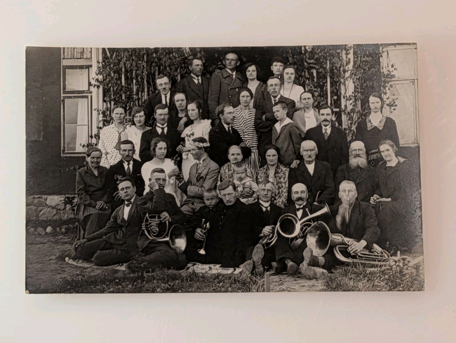 c1910s European Wedding Party Brass Band Flower Crown Vintage RPPC Photo